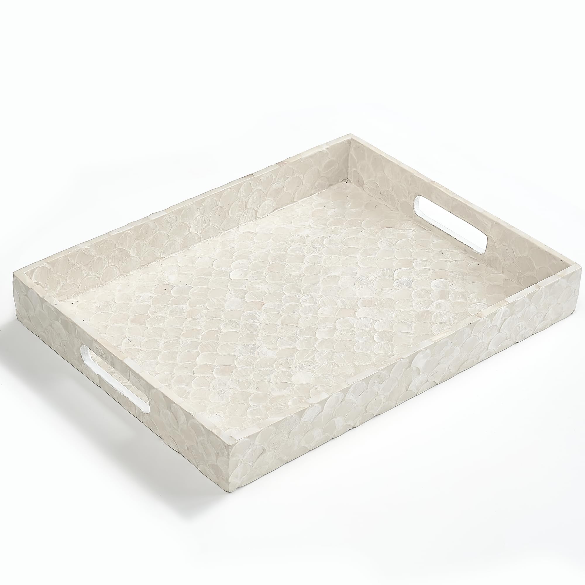 Photo 1 of CHI AN HOME Rectangular Tray, Handmade Capiz Mother of Pearl Decorative Tray with Handles for Coffee Tables, Ottoman, Bathroom, Vanity or Kitchen, Coastal Boho Home Decor, White, 15.8” x 11.8” x 1.8"