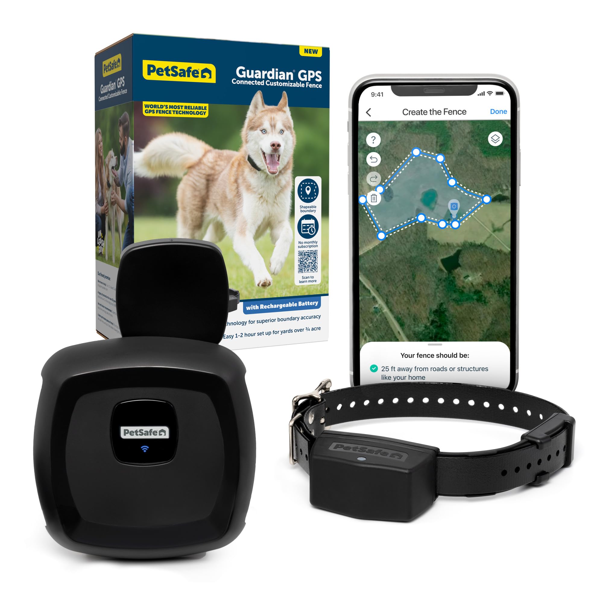 PetSafe Guardian GPS Connected Customizable Fence - Subscription-Free GPS Dog Fence for Large Yards, Create Your Own Boundary for up to 8 Dogs, 10 Static Levels, Long Battery Life & Smartphone Syncing