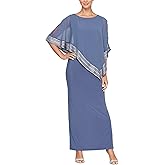S.L. Fashions Womens Long Capelet Mother of The Bride Dress with Metallic Trim (Petite and Regular Sizes)