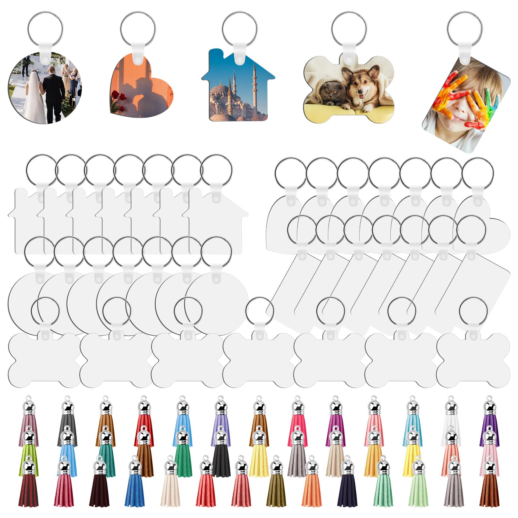 Ocnvlia 160 Pcs Sublimation Ornament Blanks Keychain Tassels Set, 40pcs Heat Transfer MDF Double-Sided/Keychain Tassels/Key Rings/Plastic Retaining Clips, 5 Shapes Key Rings for DIY