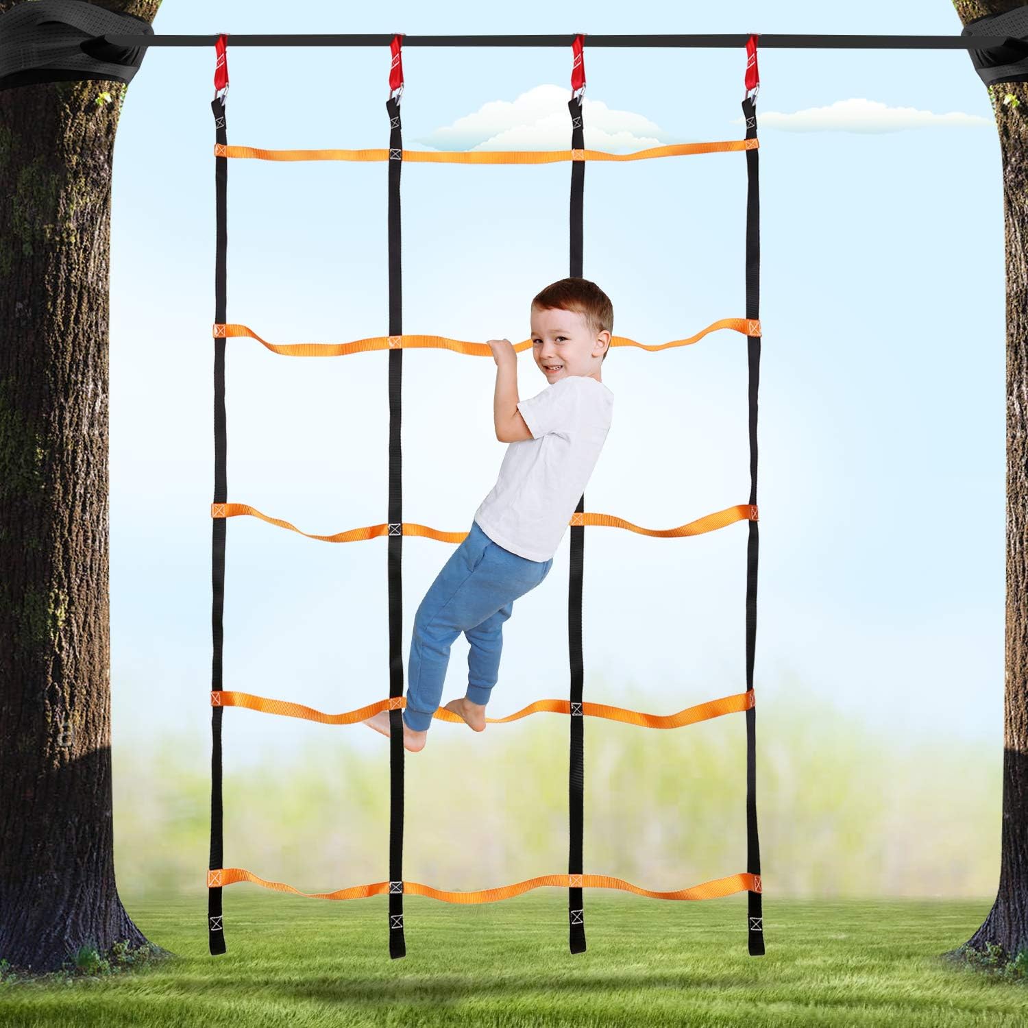 Odoland 3.9ftx6.6ft Ninja Net Climbing Cargo Net Rope Ladder for Kids Outdoor with 4 Square Buckles and 4 Delta Rings, Obstacle Course for Training Equipment and Swing Set Attachment : Sports & Outdoors