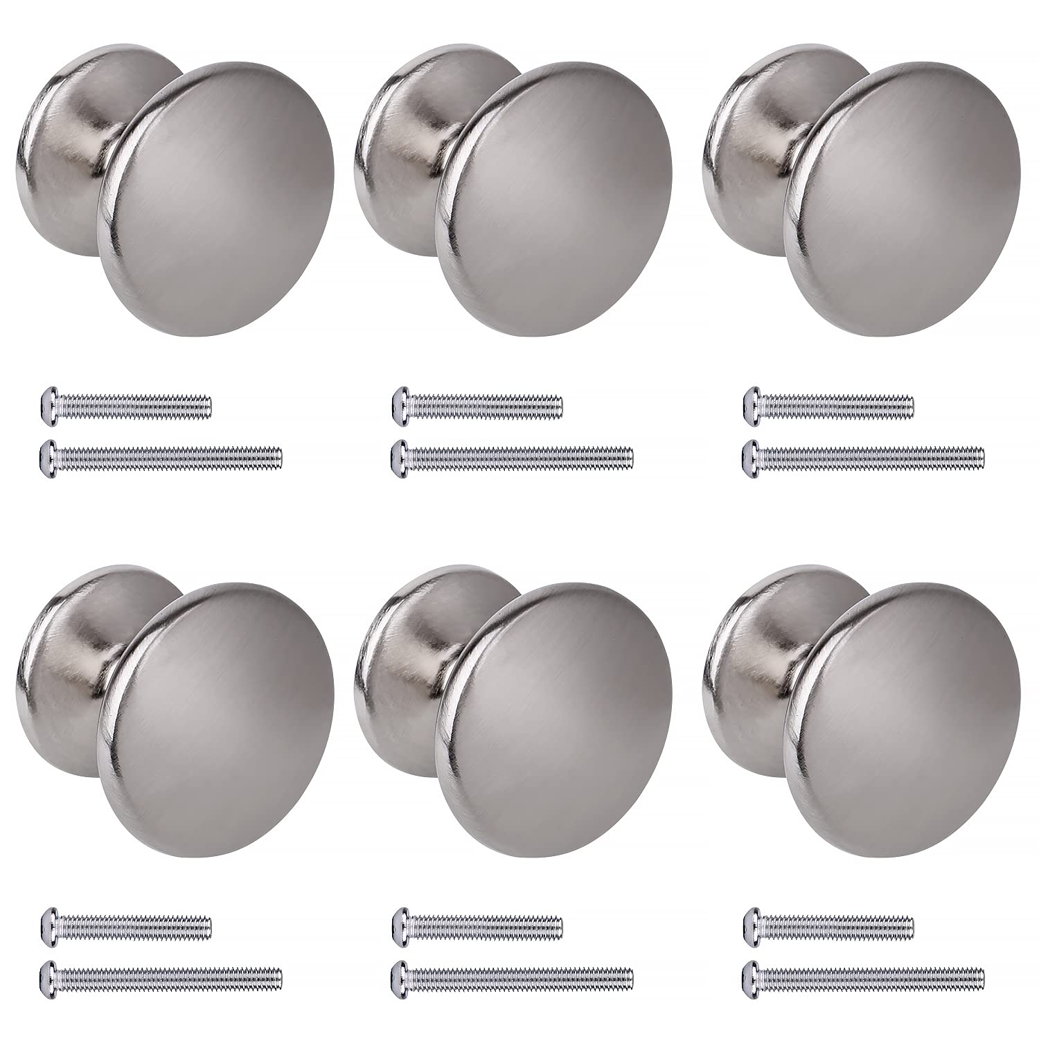 BIGLUFU 6 Pcs Brass Drawer Knobs, 1.06"/27mm Round Kitchen Cabinet Knobs, Furniture Door Handles Cupboard Pulls with Screws, Brushed Finish (Silver)