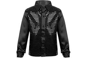 Yruioon Kids Boys Sparkle Sequins Long Sleeve Button Down Shirt Latin Jazz Dance Stage Performance Costume