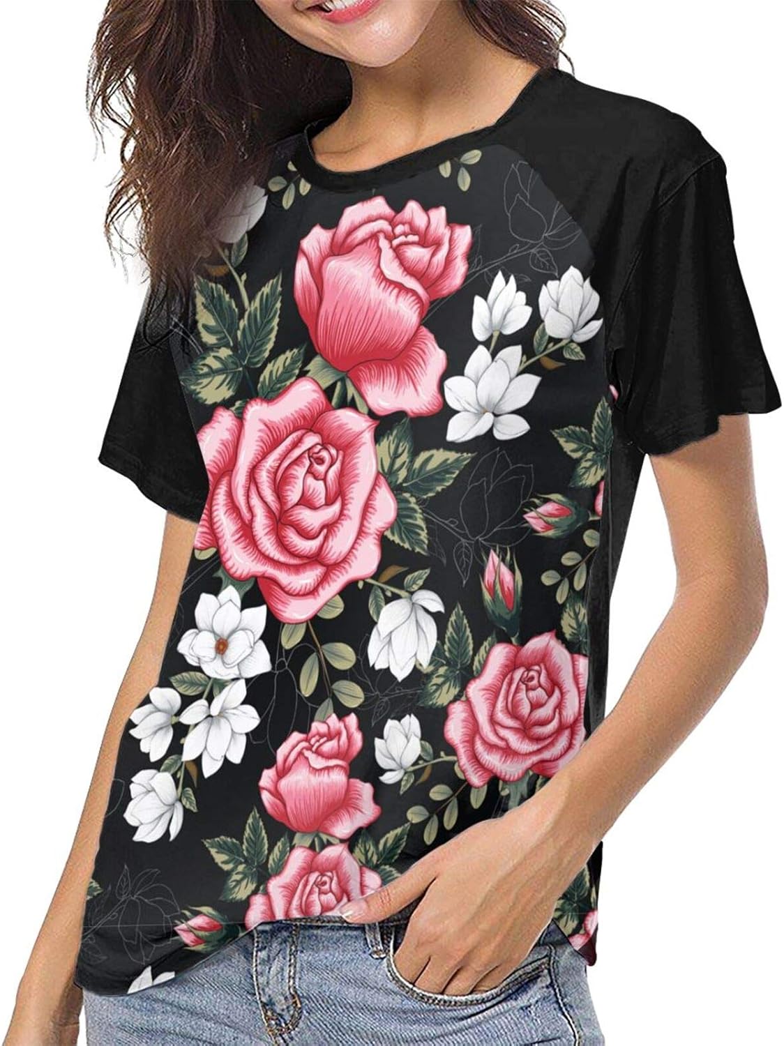 Women TShirt Red Roses Crewneck Tee Comfortable Personalized Baseball