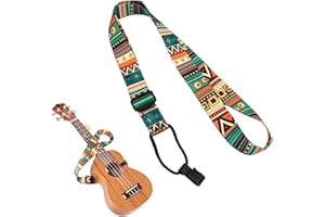 Adjustable Ethnic Ukulele Strap with Neck Loop & Clip, Bohemian Polyester Carrying Strap (60-105cm) - Green for Ukulele & Sma