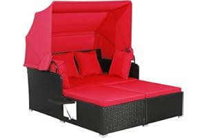 GENERIC Salches Outdoor Daybed, Patio Daybed with Retractable Canopy, High-Resilient Soft Cushions, Foldable Side Trays, Outdoor Bed Loveseat for Garden, Backyard, Porch(Red)