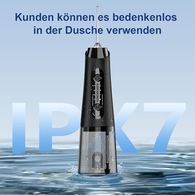 Munddusche, 320 ml, 5 Düsen, 4 Modi, USB-C, IPX7, Schwarz