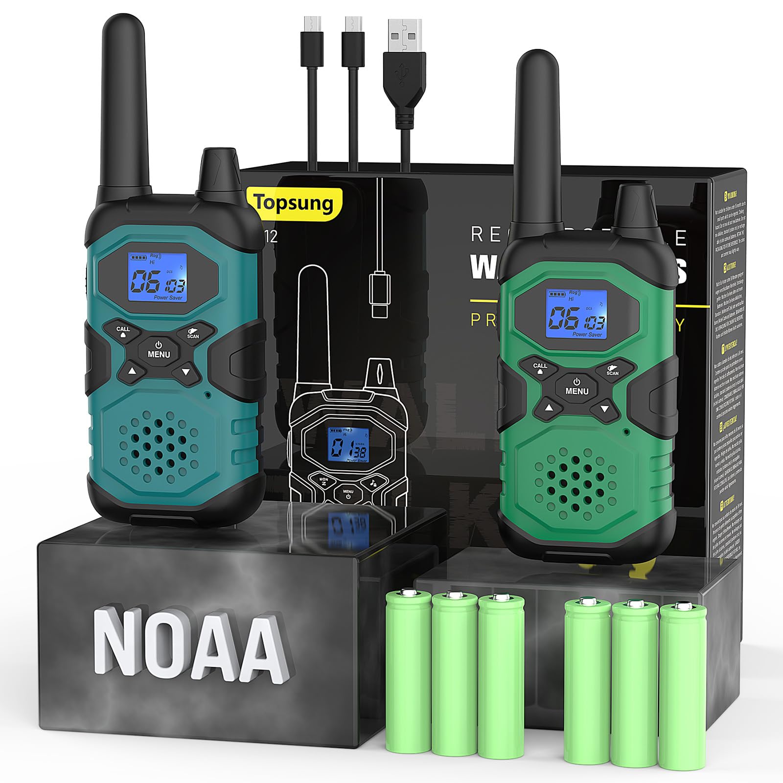 Photo 1 of Topsung Walkie Talkies for Adults Rechargeable Long Range 2 Pack, Family 2 Way Radio NOAA Walkie-Talkies with USB Cable 4500mAh Battery Lanyard for Farm Warehouse Working Camping Hiking Skiing Cruises
