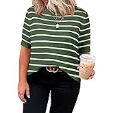 Eytino Women Plus Size Sweater Tops Short Sleeve Crewneck Striped Tshirts Casual Summer Blouses Shirts(1X-5X)