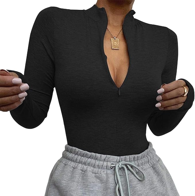 Bodysuits Winter Fleece Skinny Bodysuit Women V Neck Long Sleeve ZipUp