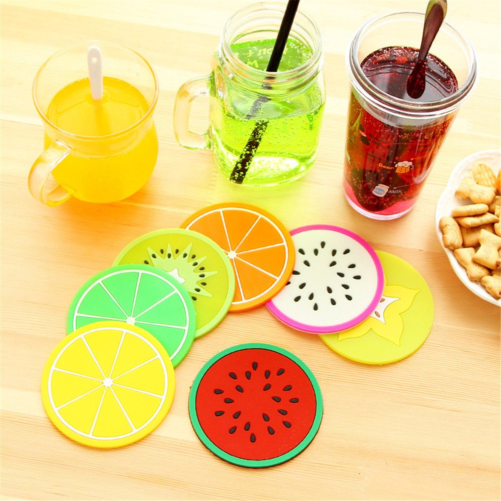 CRITIVE-S Silicone Drinks Coasters Set of 7 - Round Fruit Images Novelty Coaster for Coffee Tea