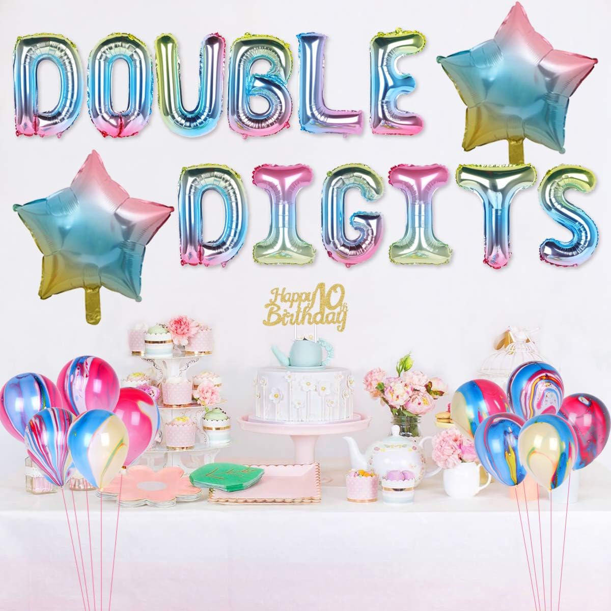 Rainbow 10th Birthday Decorations for Girls Double Digits Decorations Iridescent Happy Birthday Banner Cake Topper Pastel Number 10 Star Rainbow Gradient Balloons for 10 Year Old BRD Party - Image 4