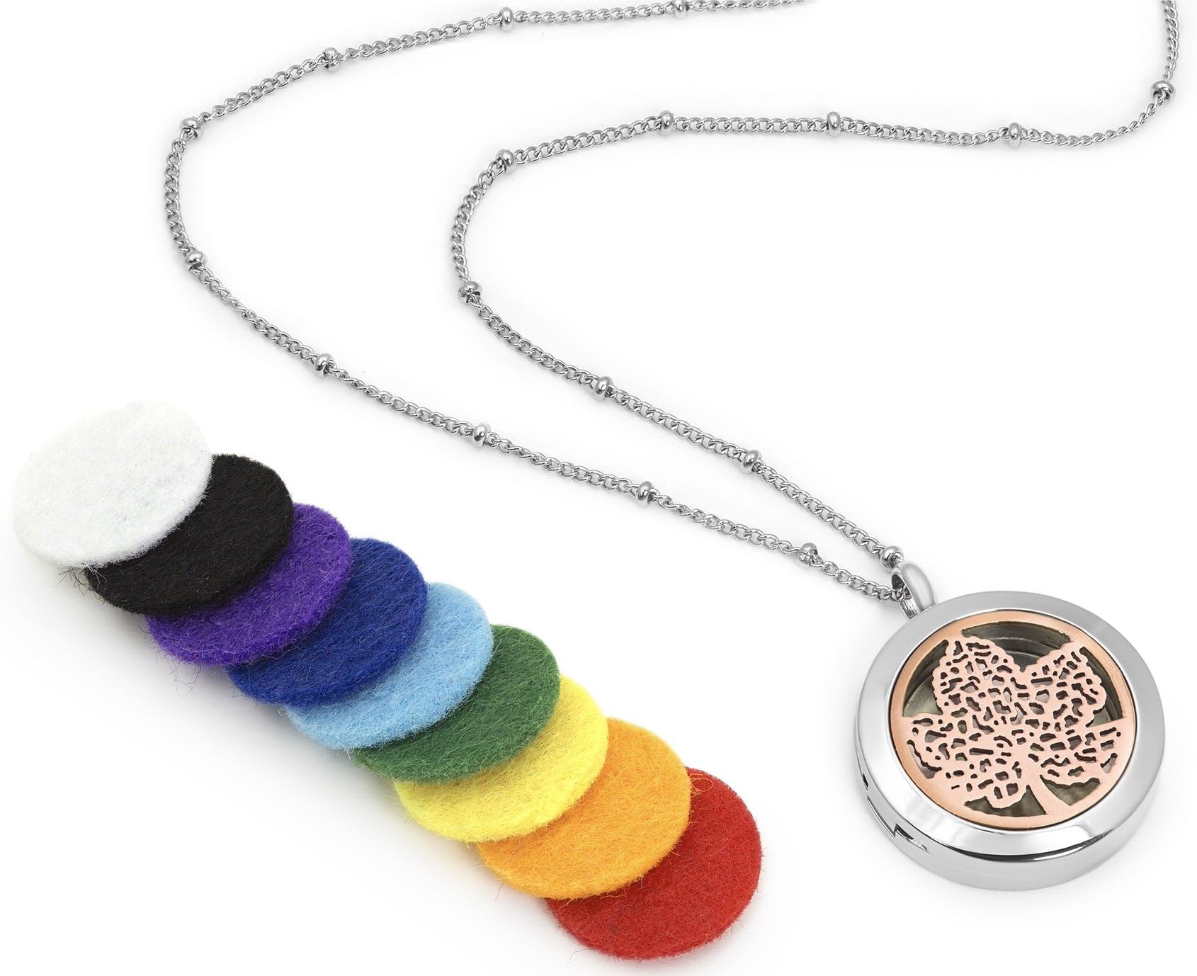 Leaf of Serenity Essential Oil Diffuser Necklace - Aromatherapy Jewelry - Hypoallergenic 316L Surgical Grade Stainless Steel, 20.8" Chain + 9 Washable Insert Pads (Rose Gold and Silver)