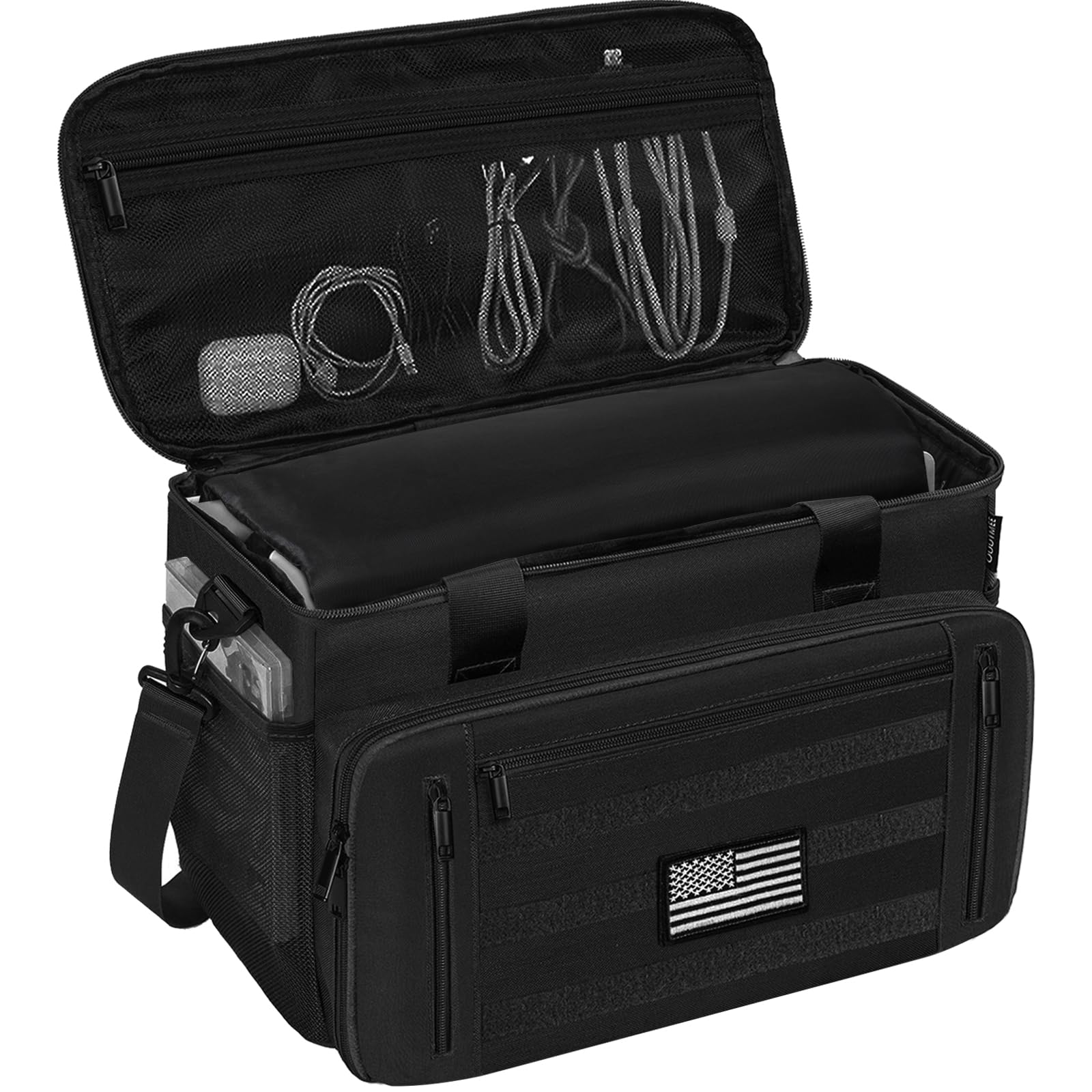 OUUTMEE Tactical Carrying Bag Compatible with PS5/PS5 Pro/PS5 Slim Console, Travel Console Carry Case with Multi-Pockets for 15.6" Laptop, Controllers, Discs and More Accessories