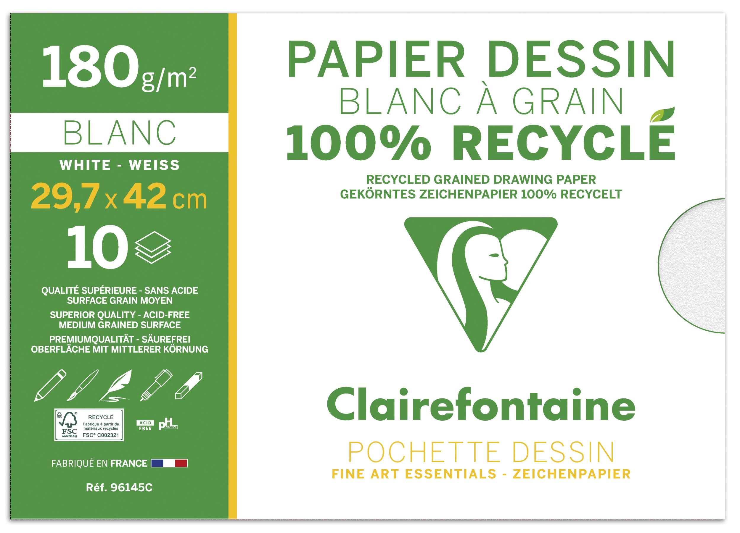 Clairefontaine 96145C - One School Drawing Pad - 10 Sheets of 100% Recycled White Grain Drawing Paper - Size: A3 29.7 cm x 42 cm - 180g - Ideal for Art — image 1