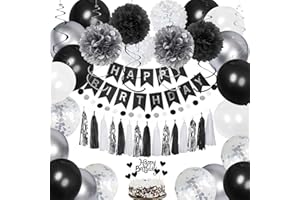 YGYXMY Birthday Decorations for Men, Black and Silver Happy Birthday Party Decorations, Black and White Party Supplies - Banner, Balloons, Tissue Pompoms, Swirls, Tassels Garland
