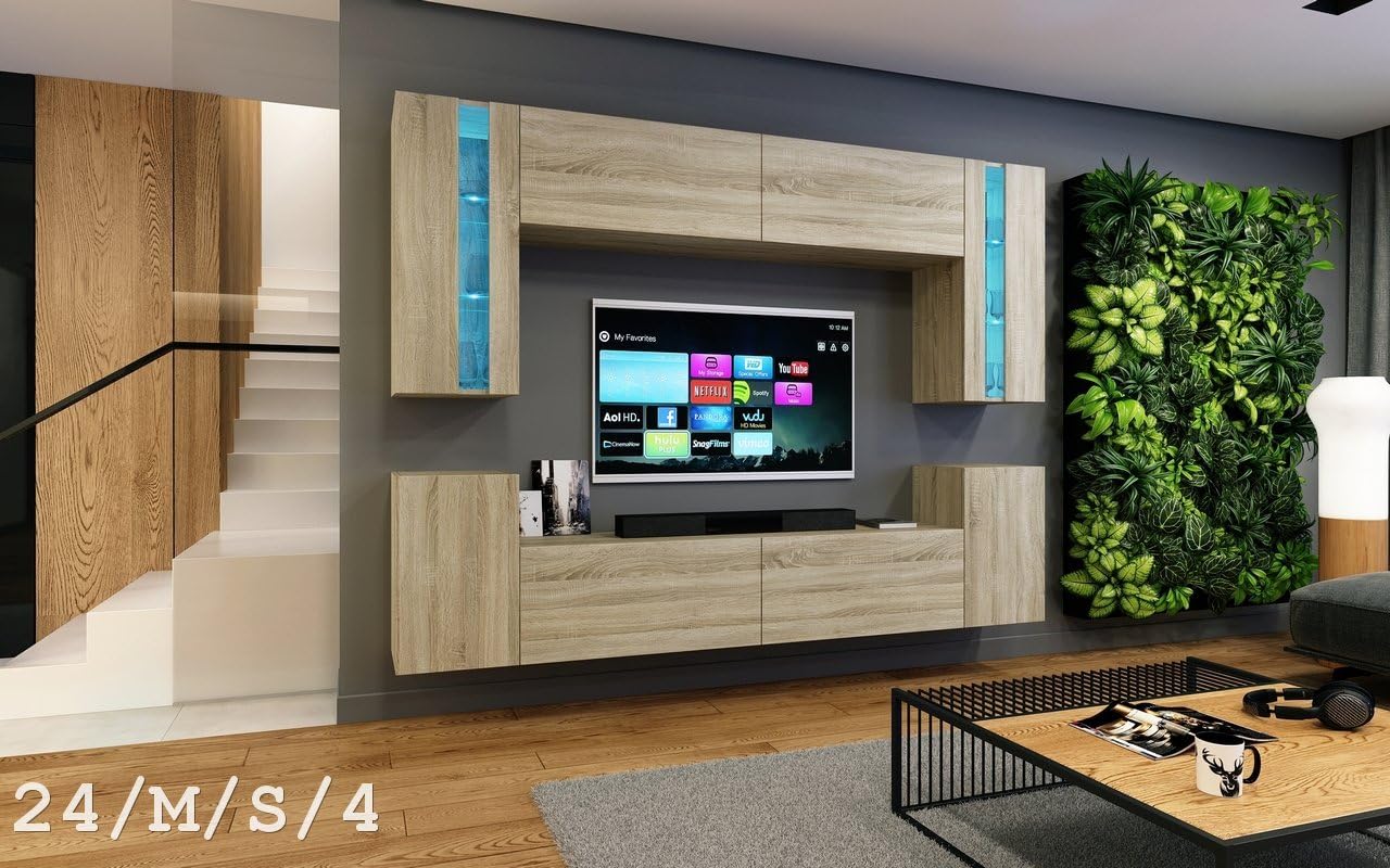 FUTURE 24 Modern Living Room Furniture Set, Exclusive Entertainment Unit, TV Stand, Many Colour (Sonoma Oak Matt, 16-colour LEDs with remote)