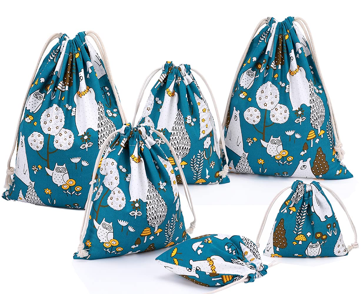 Amoyie 6 pcs Organiser Bag Set with Drawstring, Cotton Fabric Pouch for Cosmetic Toy Kids Clothes Diaper - Blue Polar Bear