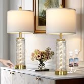 luxeflow 28" Gold Glass Table Lamps Set of 2, Gold Modern Bedside Lamp with LED Night Light, USB A+C, Glass Lamps for Living Room, Bedroom, Nightstand, Office, End Table (2 Bulbs Included)