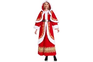 VAPICK Mrs Claus Costume for Women Santa Clause Dress 3PCS Plus Size Outfit Suit with Hooded Cape Belt
