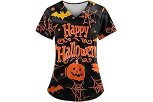 MKLUNJOP Plus Size Women's Halloween Pumpkin-Headed Bat Printed Scrub Tops V-Neck Fun T Shirts Nurse Uniform Tee with Pockets
