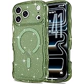 Pepmune Magnetic for iPhone 17 Pro Case Clear, Sparkly Bling Glitter Cute Curly Wave Transparent Cover for Women Men Compatible with MagSafe Shockproof Protective Phone Case for iPhone 17 Pro, Green