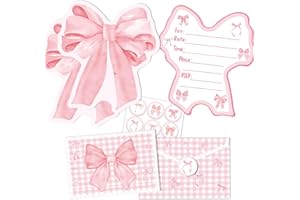 BBNEWPARTY Bow Birthday Party Supplies Invitation Cards with Envelopes and Stickers (white)