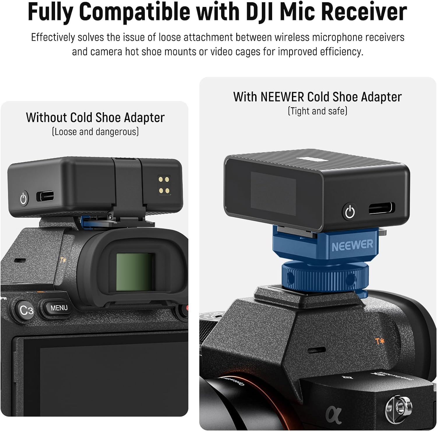 NEEWER Cold Shoe Mount Adapter Compatible with DJI Hollyland Rode Wireless Lavalier Microphone Receiver, Anti Drop Mic Accessories with Retractable Pins, Metal Camera Cage Mount Adapter, UA030