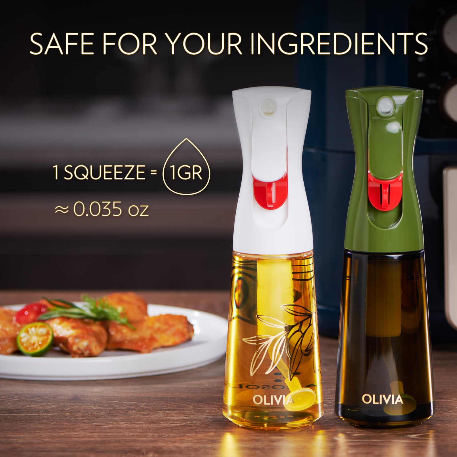 FLAIROSOL OLIVIA Oil Sprayer for Cooking, 2 Pack Glass Olive Oil Sprayer, 200ML Oil Dispenser for Kitchen, Continuous Oil Spray Bottle with Portion Control for Air Fryer, Salad, BBQ (White & Green)