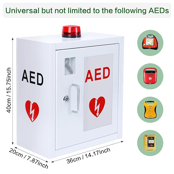 LIKOM AED CABINET, FIRST AID DEFIBRILLATOR WALL MOUNTED STORAGE CABINET STAINLESS STEEL SNAP LOCK FITS ALL BRANDS CARDIAC SCIENCE W/ALARM AND LIGHT 14 X 7.9 X 15.8 INCH