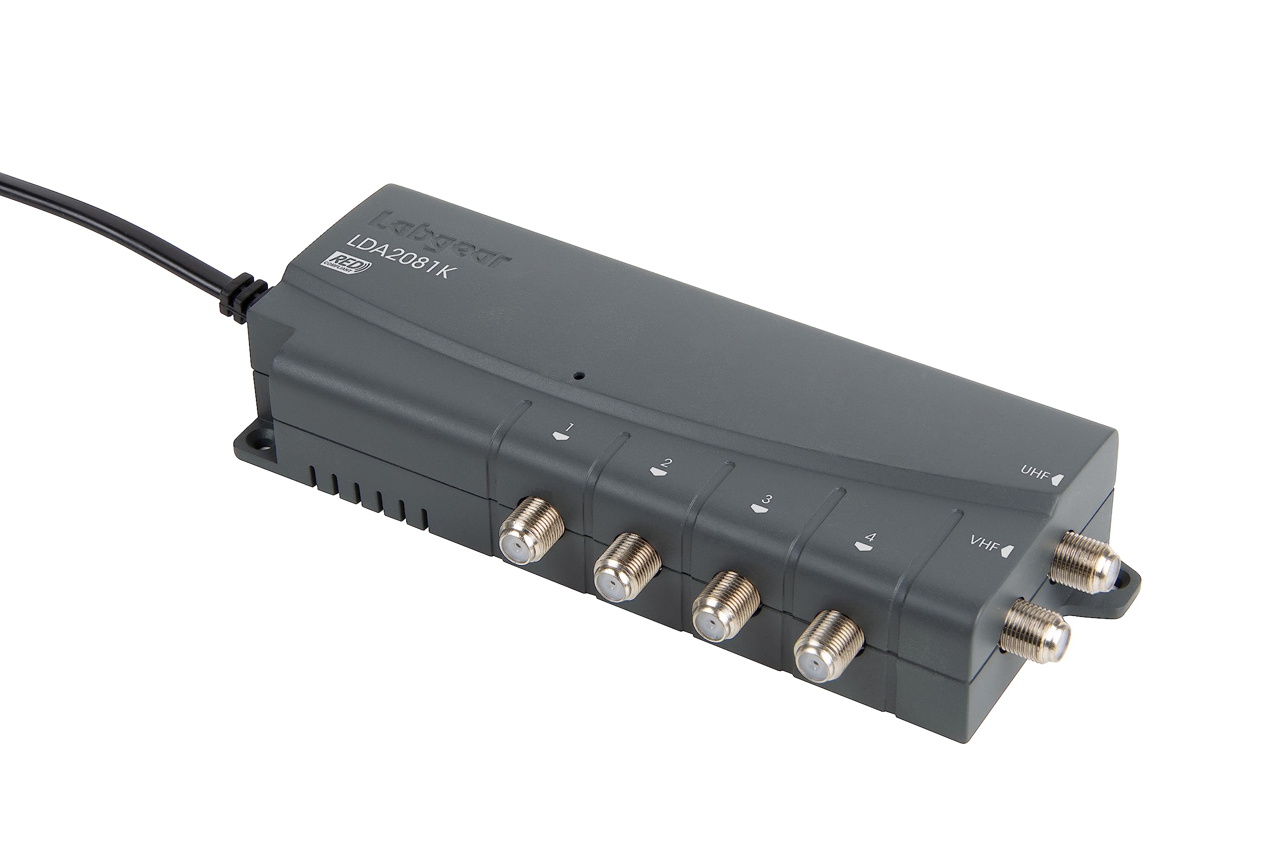 Labgear 4 Way TV Signal Booster, Aerial Amplifier with F-Type Connections, 4G & 5G Filtered, Indoor TV Aerial Booster for FM/DAB, RED Compliant