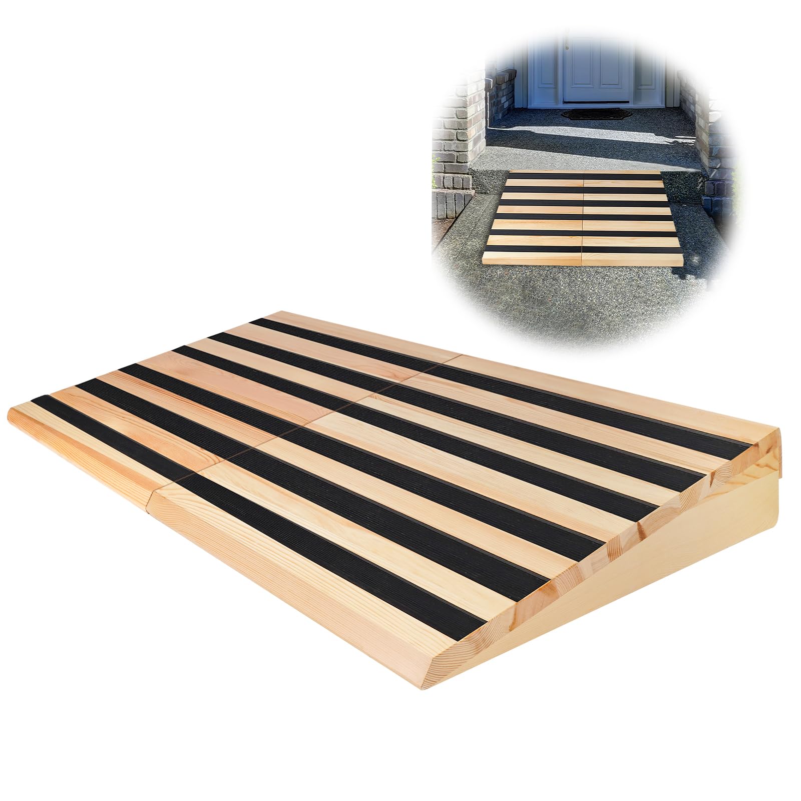 Photo 1 of 6" Rise Wooden Threshold Ramp for Home Steps, Door Ramp for Wheelchair/Walker/Cart/Scooter, Multipurpose Door Ramp with Non-Slip Stripes(35.4" W*6.0" H, Solid Wood, 800LBs Capacity)