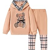 Ayzozuy Toddler Kid Girl Clothes Bear Print Drop Shoulder Hoodie Put Together Plaid Pants 2PC Outfit Set