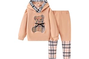 Ayzozuy Toddler Kid Girl Clothes Bear Print Drop Shoulder Hoodie Put Together Plaid Pants 2PC Outfit Set