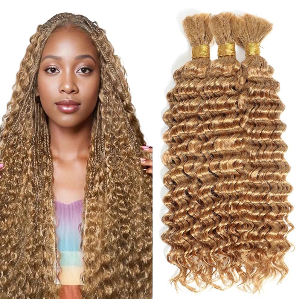 Photo 1 of #27 Blonde Human Braiding Hair Deep Wave Bulk 22 22 22 Inch Unprocessed Brazilian Virgin Hair Honey Blonde Deep Curly Braiding Hair Extensions 3 Bundle 50 Gram Per Bundle