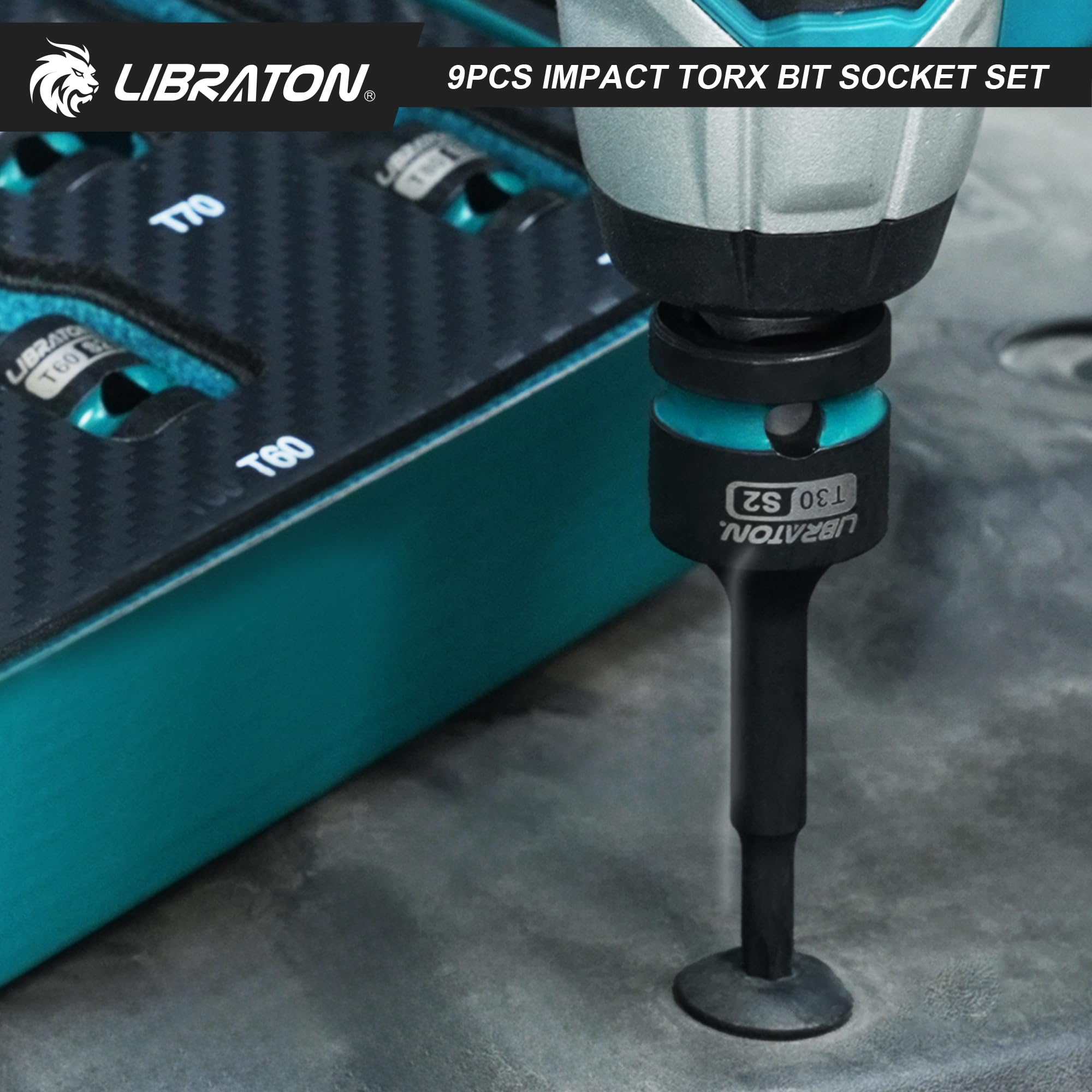 LIBRATON Schlag Torx Bit Steckschlüssel Set, 1/2” Kraft, S2-Stahl, 9-tlg Schlag-Stern-Bit-Steckschlüsselsatz T30-T80, Torx-Steckschlüssel, Bits-Steckschlüsselsatz, XPE-Aufbewahrung, Autoreparatur 9