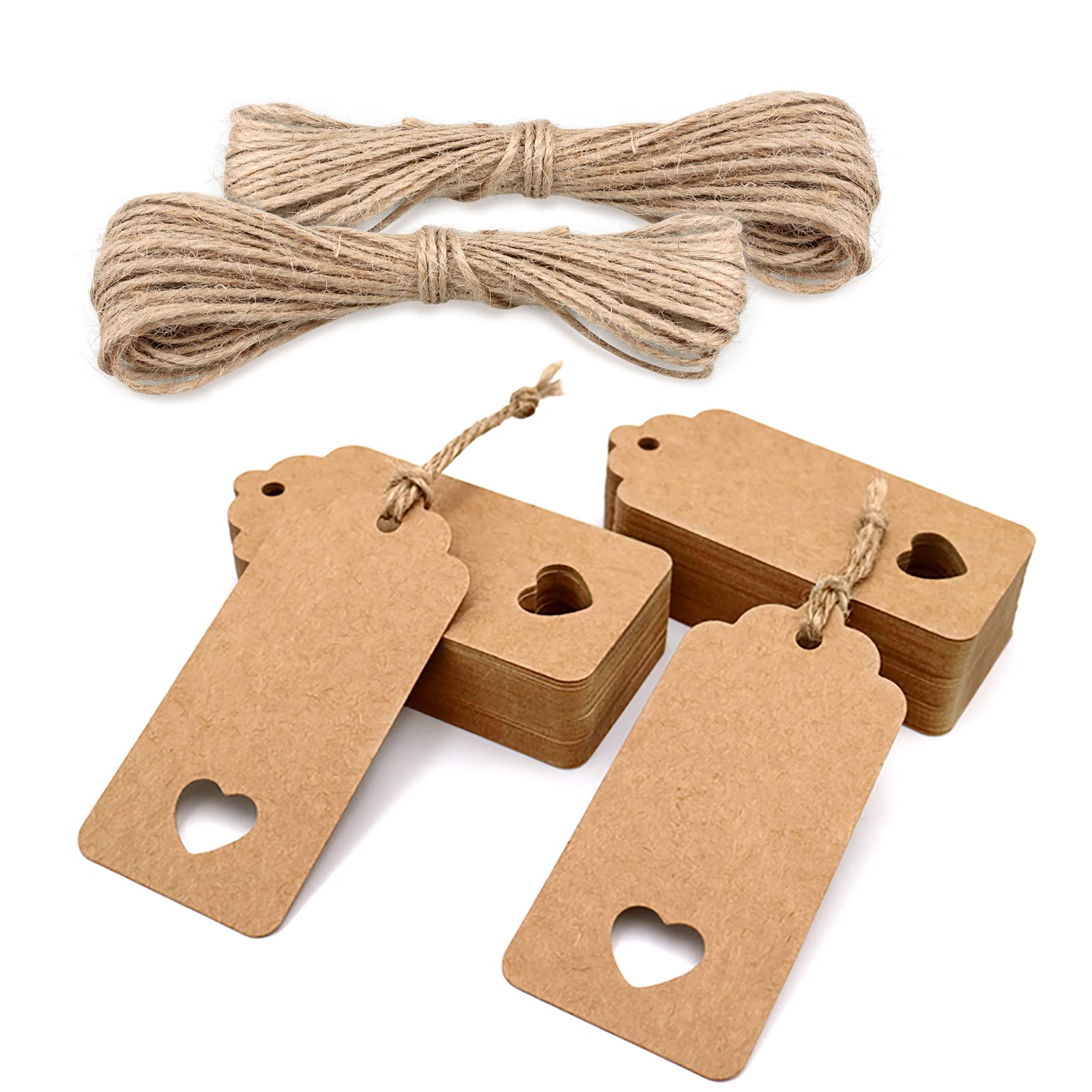 jijAcraft 200pcs Gift Tags, Brown Gift Tags 4.5X9.5CM Lovely Hollow Heart Wedding Favour Hang Tags with 40M Jute Twine for Crafts