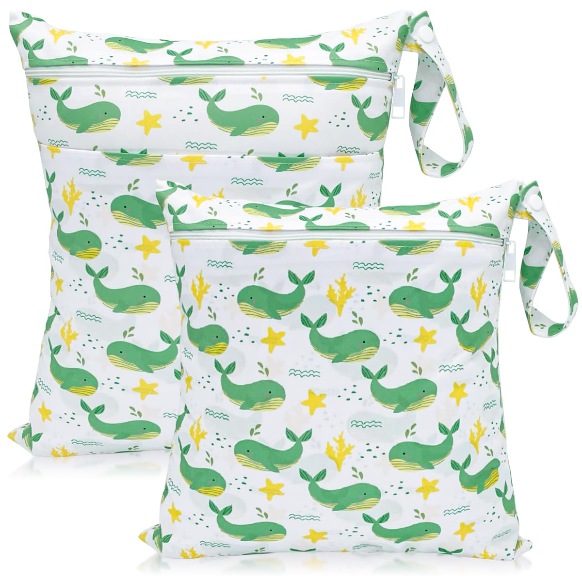 HOTLIKE Wet Bag, 2 PCS Wet Dry Bags for Cloth Diapers, Waterproof Reusable Washable Wet Dirty Laundry Bag, Zipper Organiser Storage Bags for Baby Nappy, Travel Beach Swimming Pool Gym (Whale)