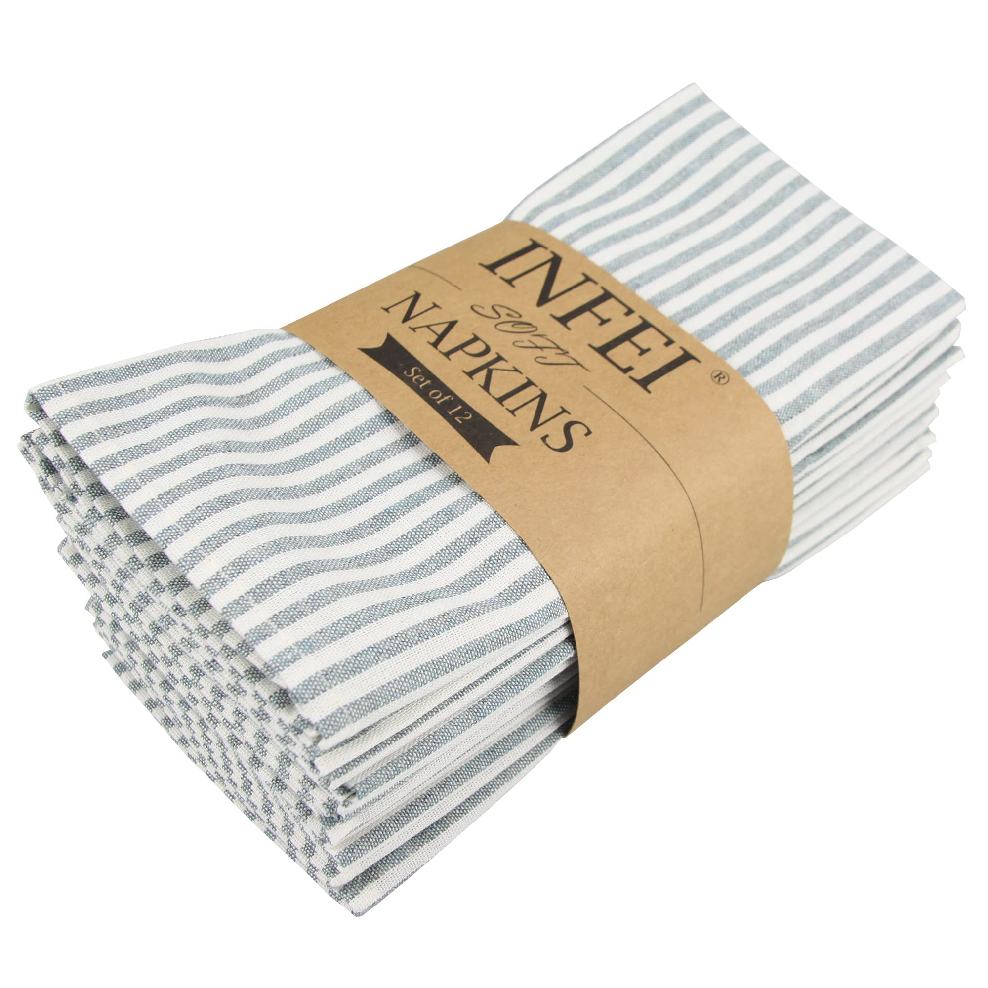 Photo 1 of INFEI Plain Striped Cotton Linen Blended Dinner Cloth Napkins - Set of 12 (40 x 30 cm) - for Events & Home Use (Ocean)