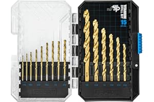 CRALY 15-Piece Cobalt Drill Bit Set, M35 HSS Titanium Coated Jobber Length Twist Drill Bits, Dash Tip & 135 Degree Split Point, 3-Flat Shank, for Hard Metal, Stainless Steel, Cast Iron, Plastic