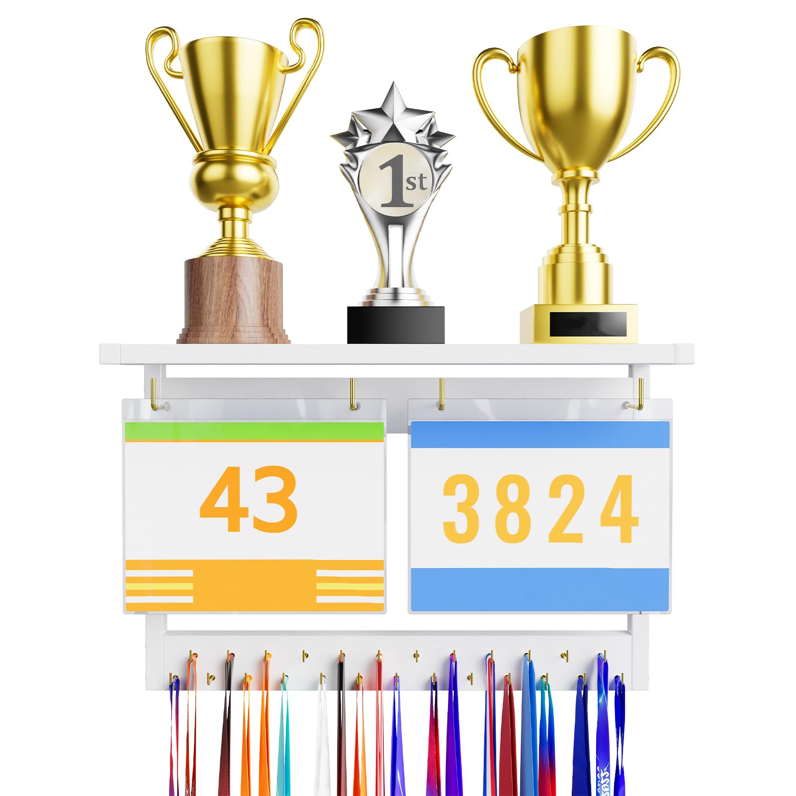 DSVENROLY Race Bib Medal Holder Display Trophy Shelf Organiser, Sturdy Wooden Award Hanger Rack with 29 Hooks, Wall Mount Storage Stand for Sports Fan, Modern