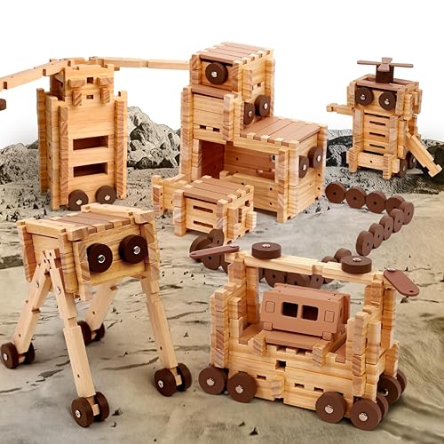 Jovi-mindly＆Notchies Space Wooden Blocks Set 101 PCS Create 40+ Shapes,Toys Educational Wooden Building Blocks Puzzles for Kids Ages 5-8 Boys and Girls,Truck/Excavator,FSC Certified