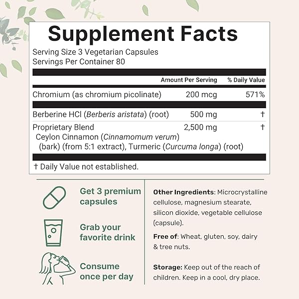 BERBERINE WITH CEYLON CINNAMON, CHROMIUM, & TURMERIC | 3,000MG EQUIVALENT | 240 VEGGIE CAPSULES | HIGH POTENCY BERBERINE HCL ROOT + CINNAMON BARK EXTRACT | HEART HEALTH & IMMUNE SUPPORT SUPPLEMENT*