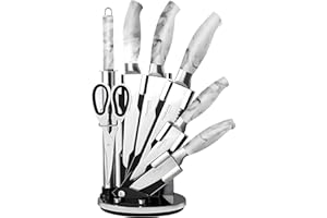 Professional Kitchen Knife Set – 7pcs Calcutta Marble Kitchen Knives – 360 Degree Rotating Knife Block Sharp Stainless Steel Blades – by Nuovva
