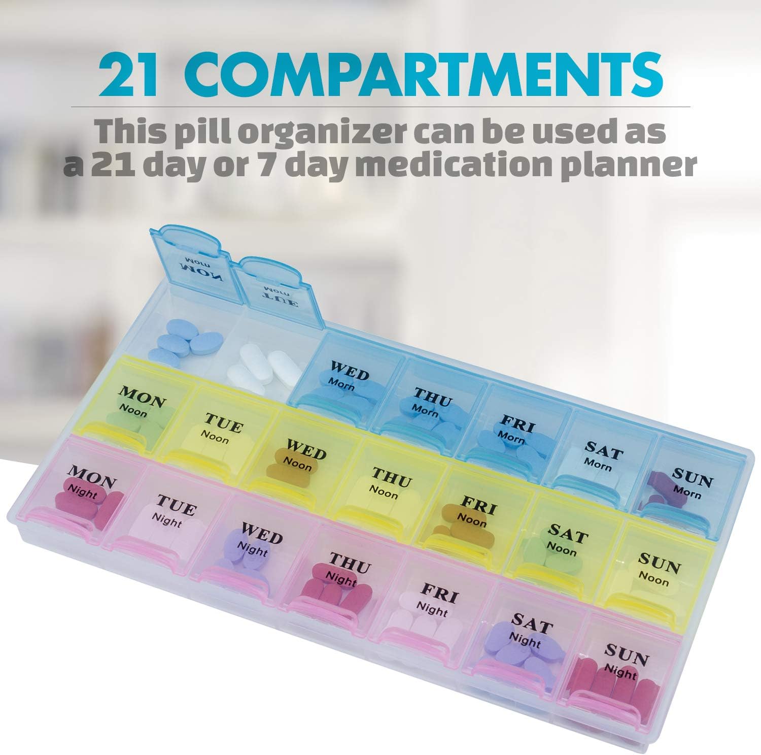Weekly Pill Organizer, (Pack of 2) 21 Day Pill Planners for Pills Vitamins & Medication - Image 4