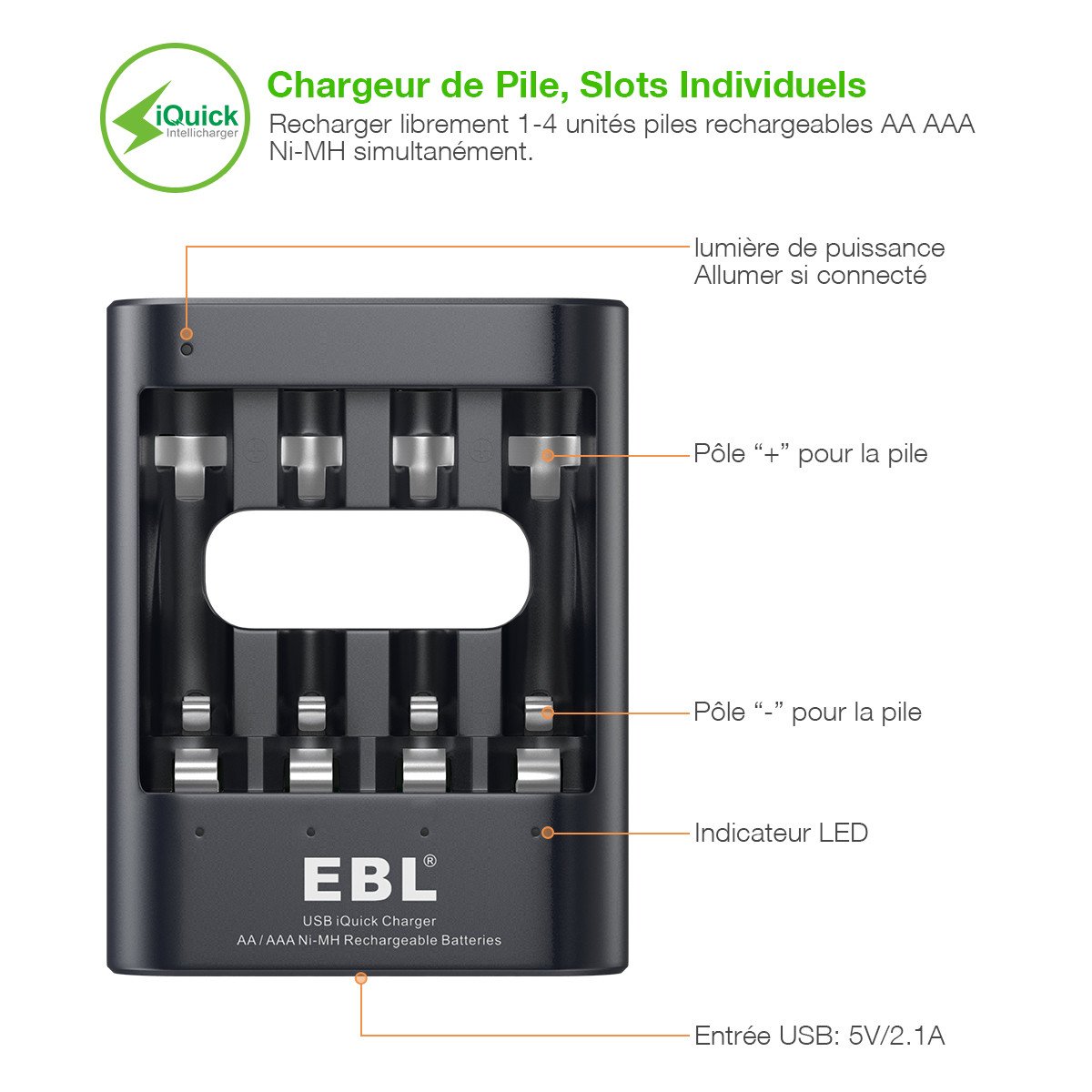 EBL iQuick chargeur de pile rechargeable AA/AAA 40min de charge pou une pile avec lot de 4 piles rechargeables AAA 1100mAh