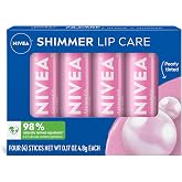 NIVEA Shimmer Lip Care, Shimmery Lip Balms with Shea Butter, 4 x 0.17 OZ | Shimmer Lip Balm with Shea Butter, Nourishing Oils and Vitamin C and E, 3-in-1 Moisture, Repair and Shimmer