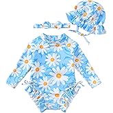 Renotemy Baby Girls Swimsuit Drawstring Zip Bathing Suit Long Sleeve One-Piece Rash Guard Swimwear with Hat for Infant Girl