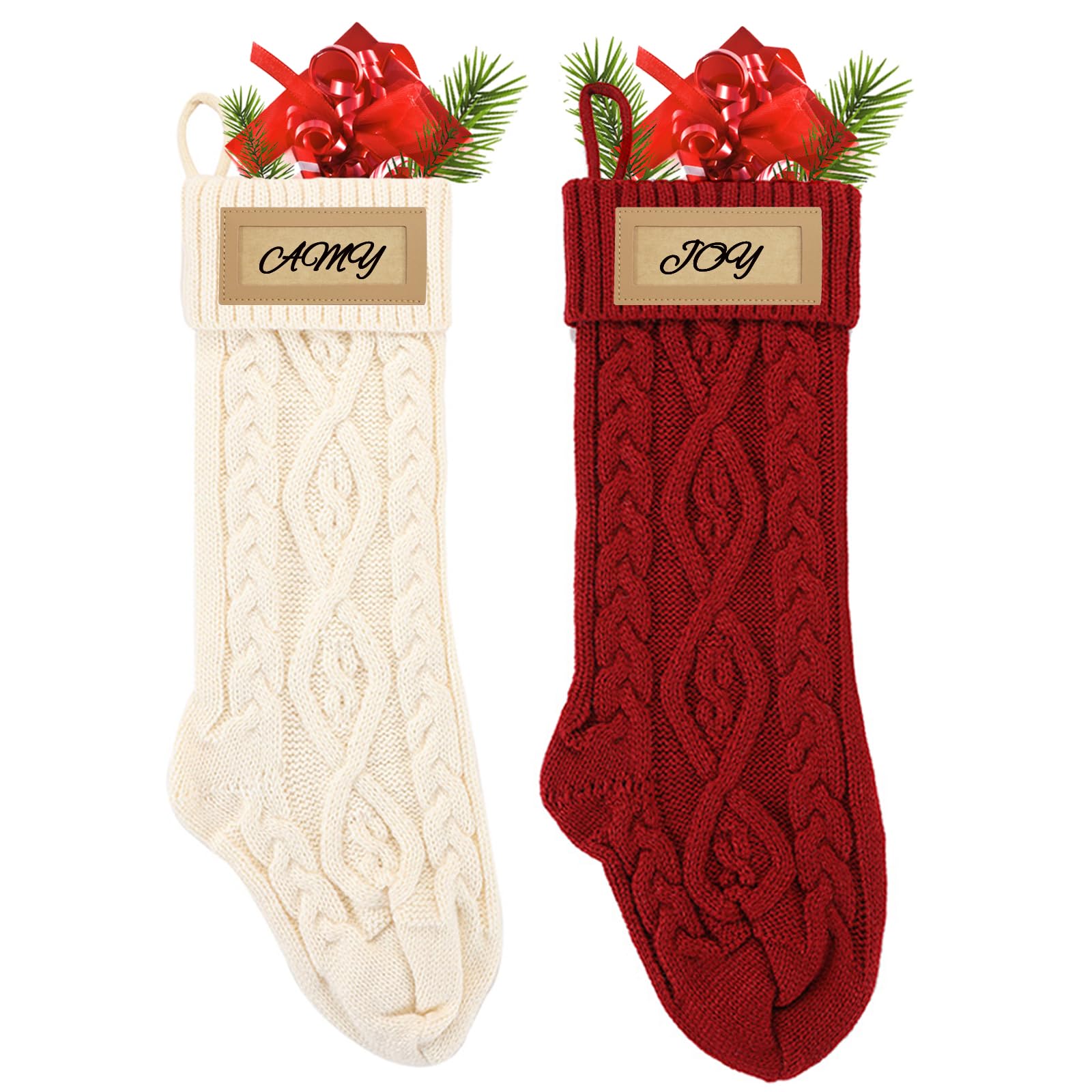 Oeyliz Personalized Christmas Stocking with Leather Patches 18 Inches Custom Name Large Family Christmas Stocking Knitted Stocking 2 Pack Christmas Stocking Set Christmas Decorations (Red+Ivory)