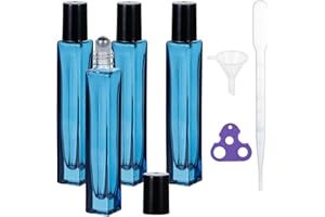 Yebeauty Glass Roller Bottles for Essential Oils 10ml Compact Travel Roll on Bottles for Oil Massage with Stainless Steel Balls, 4 Pack Perfume Rollerball Empty with Opener, Funnel, Dropper, Blue